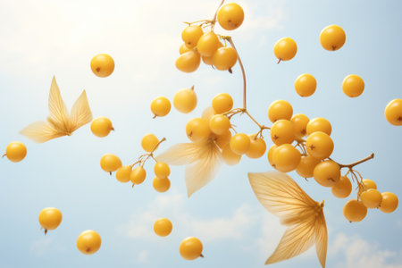 a clean detailed studio photo of fresh raw ripe golden berries flying in the air on pastel gradient background. fruit food ingredient levitation.の素材