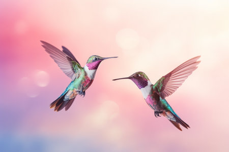 a picturesque photo of several small colorful birds hummingbird with tiny wings and long beaks flying in the gradient sky among flowersの素材