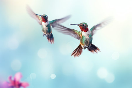 a picturesque photo of several small colorful birds hummingbird with tiny wings and long beaks flying in the gradient sky among flowersの素材