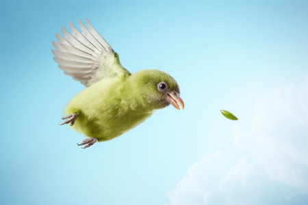 A picturesque photo of several small colorful birds kiwi with tiny wings and long beaks flying in the gradient skyの素材