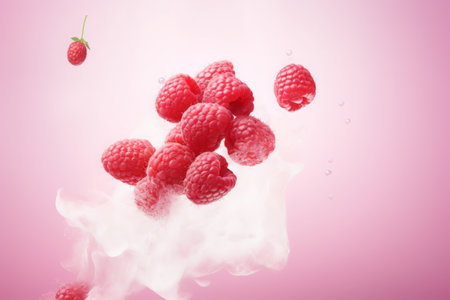 Advertisement studio banner with fresh raspberries flying in the air with splashes of water and steam on pastel gradient background. Food ingredient levitation.の素材