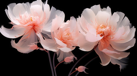 an x-ray art image of transparent peonies on black background. Beautiful blooming flowers.Illustration for cover, card, postcard, interior design, packaging, invitations or printの素材