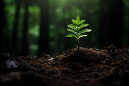 a close-up macro photo of a young green tree plant sprout or fern growing up from the black soil in the forest. Growth new life concept.の素材