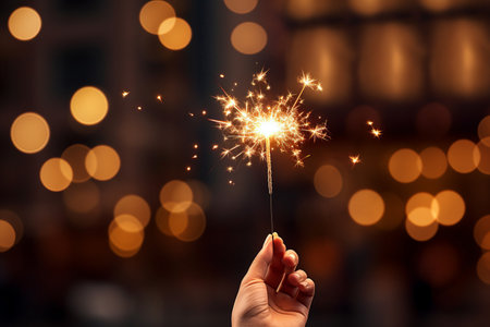 a human hand holding a Christmas or New Year festive party sparkler burning and shinning, fairy bokeh lights in the backgroundの素材
