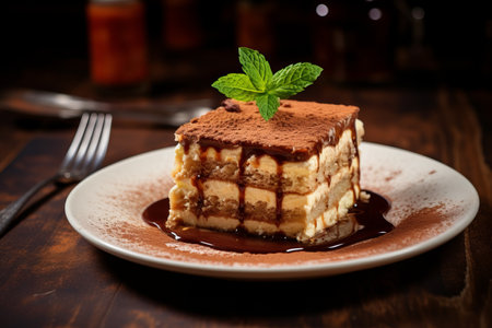 a delicious piece of traditional italian dessert tiramisu made of ladyfinger biscuits, espresso coffee and mascarpone cream cheese on a white plate with green peppermint leaves, on a cafe tableの素材
