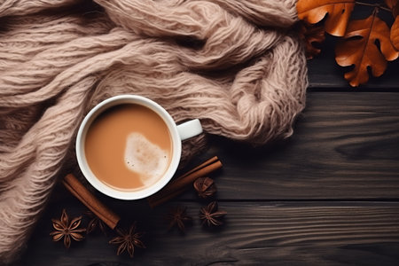 a flat lay top view photo of a cup of warm coffee with milk or cappuccino on a wooden table with copy space, autumn and winter decoration elementsの素材