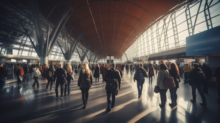 Long exposure shot of crowd of people walking in bright office lobby fast moving with blur. Passengers in airport or train station. Abstract blurred interior space background. Travel conceptの素材