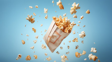 a clean detailed commercial studio photo of a paper bag with cinema popcorn flying in the air on pastel gradient background. Junk comfort food ingredient levitation for advertising.の素材