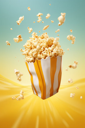a clean detailed commercial studio photo of a paper bag with cinema popcorn flying in the air on pastel gradient background. Junk comfort food ingredient levitation for advertising.の素材