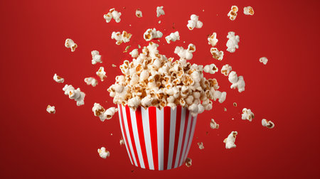a clean detailed commercial studio photo of a bucket with cinema popcorn flying in the air on red gradient background. Junk comfort food ingredient levitation for advertising.の素材