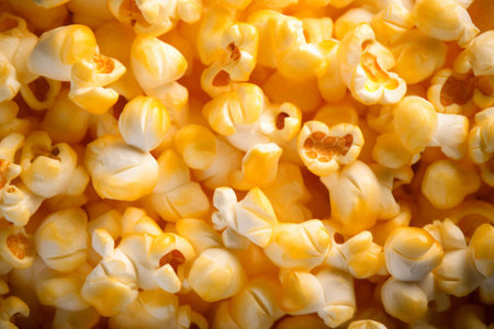 a macro image of a texture of freshly cooked yellow crispy popcorn with caramel or salt. Close up. filling the frame.の素材