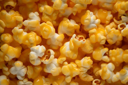a macro image of a texture of freshly cooked yellow crispy popcorn with caramel or salt. Close up. filling the frame.の素材