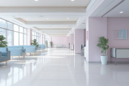 Spacious office space: long light and airy minimalistic hallway with pastel pink and mint green details, hospital waiting room or reception ambianceの素材