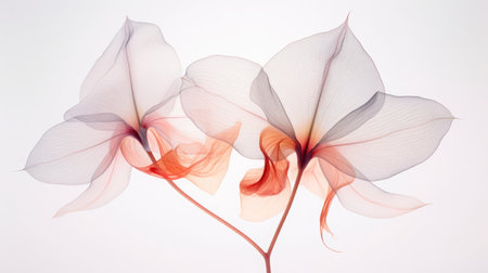 an x-ray art image of transparent orchids on white background. Beautiful blooming flowers. Illustration for cover, card, postcard, interior design, packaging, invitations or printの素材