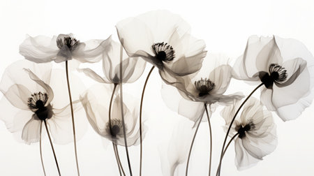 an x-ray art image of transparent poppies or anemones on white background. Beautiful blooming flowers. Illustration for cover, card, postcard, interior design, packaging, invitations or printの素材