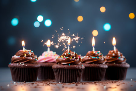 A macro photo of several chocolate muffins with whipped cocoa chocolate ganache topping and birthday candles celebrating a partyの素材