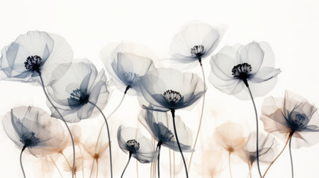 an x-ray art image of transparent poppies or anemones on white background. Beautiful blooming flowers. Illustration for cover, card, postcard, interior design, packaging, invitations or printの素材