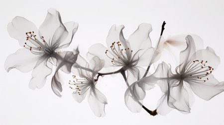 an x-ray art image of transparent azalea on white background. Beautiful blooming flowers. Illustration for cover, card, postcard, interior design, packaging, invitations or printの素材