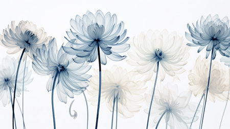 an x-ray art image of transparent chrysanthemums on white background. Beautiful blooming flowers. Illustration for cover, card, postcard, interior design, packaging, invitations or printの素材