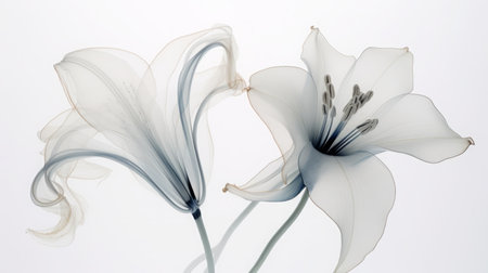 an x-ray art image of transparent lily on white background. Beautiful blooming flowers. Illustration for cover, card, postcard, interior design, packaging, invitations or printの素材