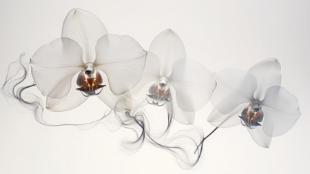 an x-ray art image of transparent orchids on white background. Beautiful blooming flowers. Illustration for cover, card, postcard, interior design, packaging, invitations or printの素材
