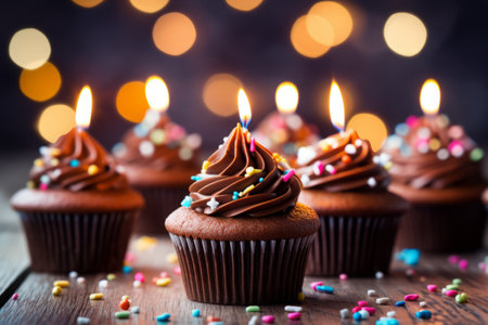 A macro photo of several chocolate muffins with whipped cocoa chocolate ganache topping and birthday candles celebrating a partyの素材