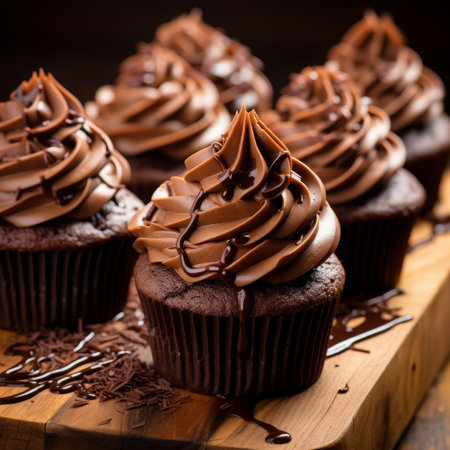 a macro photo of several chocolate muffins with whipper cocoa chocolate ganache topping and sprinkles of sweet dessert decoration on wooden board, square formatの素材