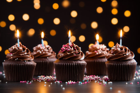 A macro photo of several chocolate muffins with whipped cocoa chocolate ganache topping and birthday candles celebrating a partyの素材
