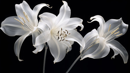 an x-ray art image of transparent lilies on black background. Beautiful blooming flowers. Illustration for cover, card, postcard, interior design, packaging, invitations or printの素材