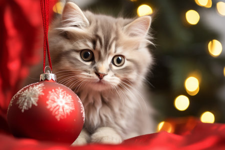 A cute little red young kitten sitting next to a Christmas tree ornament, bokeh Christmas fairy lights in the backgroundの素材