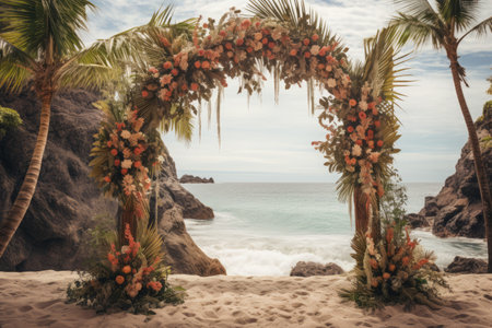 tropical boho wedding arch decoration for a wedding ceremony celebration: green plants and bright red flowers. Bali feelingの素材