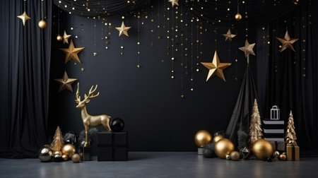 Festive Christmas or New Year photo studio background: dark black stylish walls, golden Christmas ornaments, photo frame, a reindeer statue decoration, stars and sparklesの素材