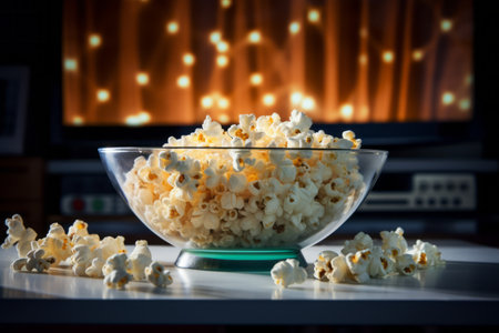 a transparent big bowl with sweet or salty popcorn on a table in front of a tv set and a remote control. Cozy movie night and snack time at homeの素材