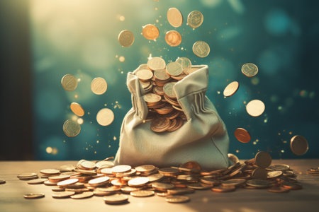 a textile or paper bag or pouch for coins: golden money pieces falling down from above into the handbag, flying and levitating in the air. A concept of abundance and luckの素材