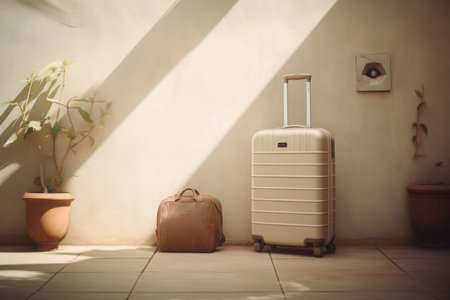 a beige colored small cabin sized suitcase with wheels standing in front of a sunny sunlit Mediterranean off-white. Minimalistic vacation traveling conceptの素材