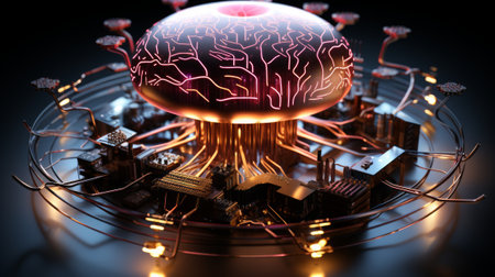 A cyber inspired image of a brain being a part of a digital processor microchip or a graphic card, technological device storing memory, neon led lights. Coexistence of humans and robotsの素材