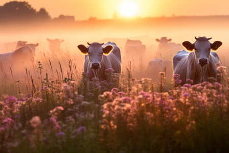 A peaceful group of cows grazing on a field filled with fog during the twilight or golden hour in the evening or early in the morningの素材