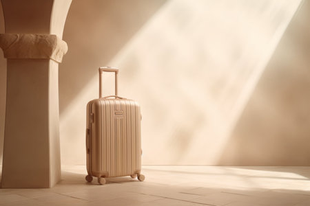a beige colored small cabin sized suitcase with wheels standing in front of a sunny sunlit Mediterranean off-white. Minimalistic vacation traveling conceptの素材