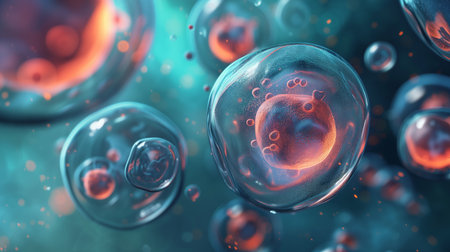 A microscopic image of a human virus attacking a healthy immune system cell with colorful antibodies. Cellular therapy and regeneration. Research of stem cells, immunology and longevity.の素材