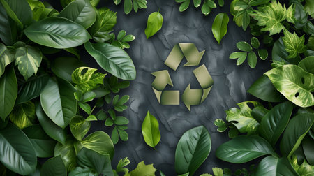 Recycling symbol sign made from nature, green leaves and plants among tree leaves filling the frameの素材