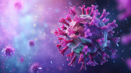 A microscopic image of a human virus attacking a healthy immune system cell with colorful antibodies. Cellular therapy and regeneration. Research of stem cells, immunology and longevity.の素材