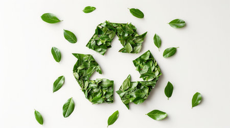 Recycling symbol sign made from nature, green leaves and plants on white backgroundの素材
