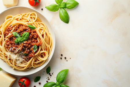 a top view on a bowl with colorful pasta spaghetti with minced meat and tomato sauce bolognese, parmesan cheese, basil and herbs on a beige colored concrete background, copy space for textの素材