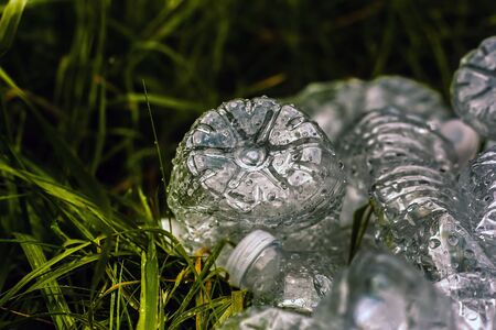 Crushed plastic bottles of mineral water and bottle caps on green grass in nature. Concept of...