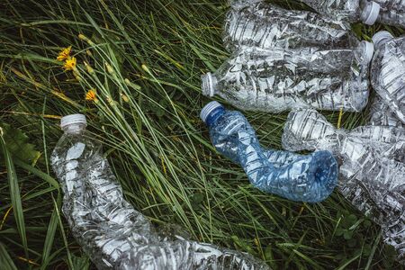 Plastic bottles in the green grass. Problem in the natural environment, pollution of nature is not decomposing plastic. Protection of Nature.の写真素材