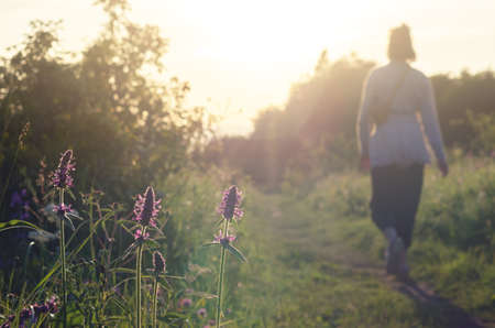 A girl walking along a country road among meadow flowers. Focus on the foreground. The concept of hiking in nature.の写真素材