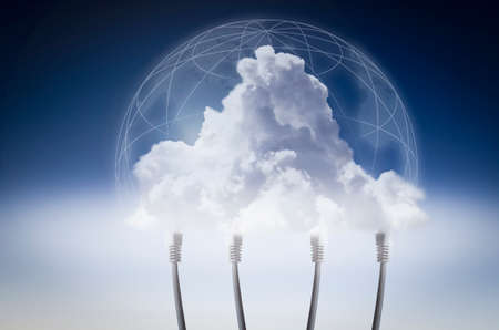 The cloud network connection. Internet cables on blue background with clouds