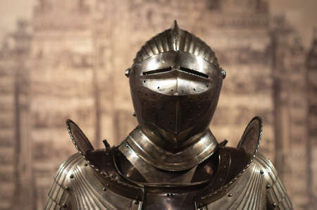 knight's armor on a brown background. Armor of a medieval knight close-up.の写真素材