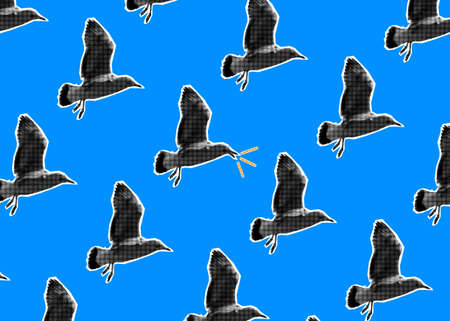 Seamless pattern with a seagull on a blue background. Screaming seagull. contemporary art collage.の写真素材