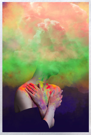 Bright surreal portrait of a girl in colored smoke. Abstract collage on a dark background.の写真素材